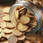 Moedas douradas transbordando de um pote de vidro, espalhadas em uma superfície de madeira.