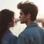 Casal de perfil se olhando, vestindo jaquetas jeans, na natureza com luz dourada.