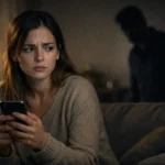 Uma mulher expressa ansiedade ao segurar um celular, enquanto uma silhueta masculina surge ao fundo.