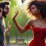 Homem e mulher em confronto dramático no parque ensolarado.