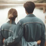 Casal de jaquetas jeans abraçado de costas à beira de um lago com juncos.