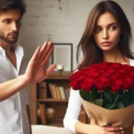 Homem com gesto de pare rejeita buquê de rosas vermelhas que mulher oferece.