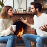 Um casal discute intensamente na sala, com uma lareira acesa e dois gatos.