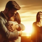 Casal se abraça enquanto mulher chora ao fundo sob pôr do sol.