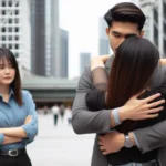 Mulher de braços cruzados observa casal abraçando-se com tristeza em cenário urbano.