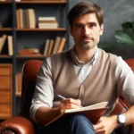 Homem sério em poltrona de couro, escrevendo em caderno, com estante de livros.