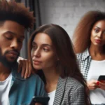 Homem e mulher interagindo próximos; outra mulher os observa com celular ao fundo.
