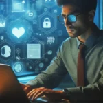 Homem focado em laptop com óculos, cercado por ícones digitais azuis brilhantes.