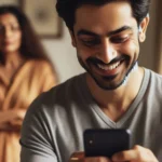 Homem sorridente olha celular; mulher embaçada o observa ao fundo.
