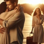 Casal se abraça, enquanto mulher angustiada parte com mala ao pôr do sol.