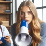 Jovem com megafone expressa-se, enquanto terapeuta anota em sessão de consulta.