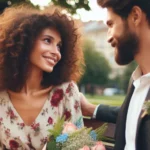 Casal sorridente troca olhares afetuosos num banco, ela com um buquê de flores.