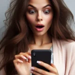 Mulher surpresa de olhos e boca abertos olhando o smartphone.