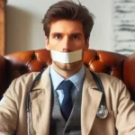 Médico de estetoscópio, com boca silenciada por fita adesiva, sentado em poltrona.