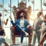 Homem em trono dourado, dinheiro chovendo, cercado por pessoas admirando o sucesso.