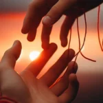 Mãos se estendem, conectadas por fios vermelhos, contra o sol poente.