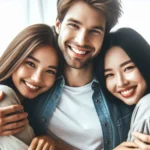 Homem abraçando duas mulheres sorridentes, todos felizes.
