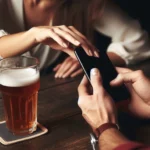 Mulher alcança celular de homem em mesa de bar com copos de cerveja.