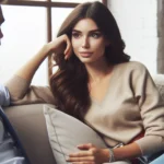 Homem e mulher sentados num sofá, olhando um para o outro enquanto conversam.