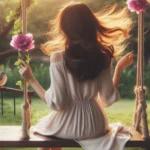 Mulher em balanço florido com pássaro, cabelo ao vento, em jardim ensolarado.
