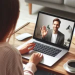 Pessoa em vídeo chamada no laptop, homem acena. Mesa com café e plantas.