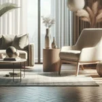 Sala de estar minimalista e iluminada com sofá, poltrona e plantas em tons neutros.