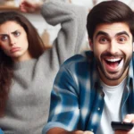 Homem feliz assistindo TV com controle, mulher entediada e irritada no fundo.