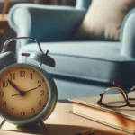 Relógio despertador, livro com óculos e caneta sobre mesa; poltrona azul desfocada ao fundo.