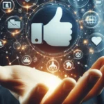 Uma mão segura um 'curtir' digital com ícones de redes sociais e uma rede luminosa.