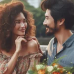 Casal trocando olhares apaixonados; homem com flores e mão no ombro da mulher.