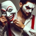 Um homem com maquiagem sombria segura máscara sorridente, mostrando dualidade e transformação.