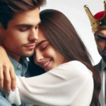 Casal abraçado feliz. Homem coroado bravo e ciumento no fundo.