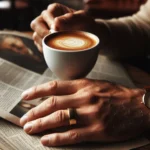 Mãos segurando café latte sobre jornal, com anel e relógio visíveis.