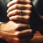 Mãos de homem entrelaçadas com aliança na mesa, em pose pensativa.