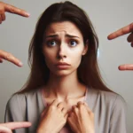 Mulher angustiada e assustada, cercada por mãos que a acusam e apontam.