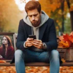 Homem em banco outonal olhando celular, com retrato de mulher e folhas caídas no parque.