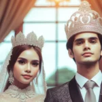 Noivos usando coroas e trajes elegantes para cerimônia de casamento real.