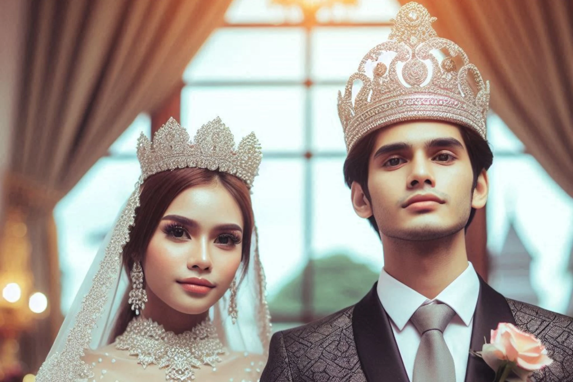 Noivos usando coroas e trajes elegantes para cerimônia de casamento real.