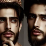 Dois retratos de homem bonito com barba, cabelo escuro, olhos claros, coroa e corrente dourada.