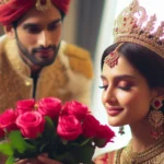 Noivos indianos em trajes tradicionais. Ele oferece rosas vermelhas à noiva de coroa dourada.