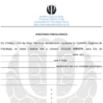 Formulário de Atestado Psicológico, com logo superior e linhas para preenchimento.