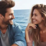 Um jovem casal sorrindo e se olhando, com o mar azul no fundo.