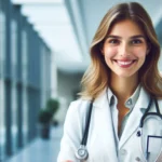 Uma médica sorrindo com jaleco branco e estetoscópio em um corredor de hospital.
