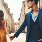 Homem de terno e mulher de vestido amarelo caminham de mãos dadas na rua.