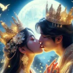 Casal real com coroas se beijando sob a lua e borboletas em cena mágica.