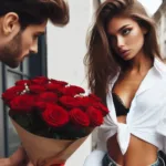 Homem oferece rosas vermelhas; mulher rejeita a proposta com a mão.