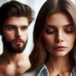 Mulher de olhos fechados em primeiro plano nítido; homem barbudo desfocado ao fundo.