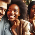 Homem e mulher sorriem, enquanto outra mulher os observa com inveja.