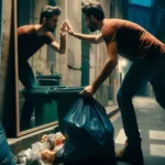 Homem joga lixo em beco, e seu reflexo no espelho toca a imagem com as mãos.