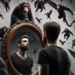 Homem olha no espelho; macacos pretos, alguns alados, voam caoticamente ao redor.